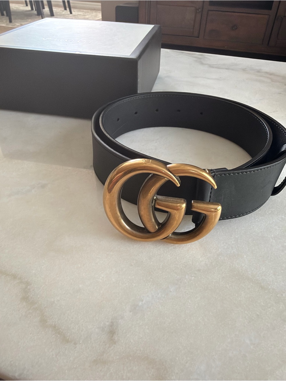 Gucci GG Marmont Black Leather Belt Gold Buckle Size 95 Box + Dust Bag